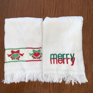 2 Vtg white Christmas hand towels